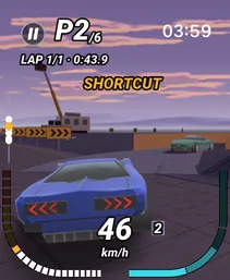 The SHORTCUT banner as the car takes a cut-through on Backlot 9, a film lot, with a rival ahead
