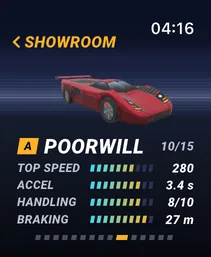 The Showroom: the red class A car from the app icon, with bars for top speed, acceleration, handling and braking